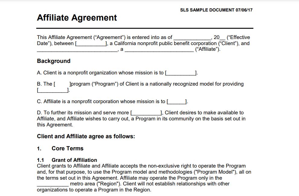 nonprofit affiliate agreement template 2