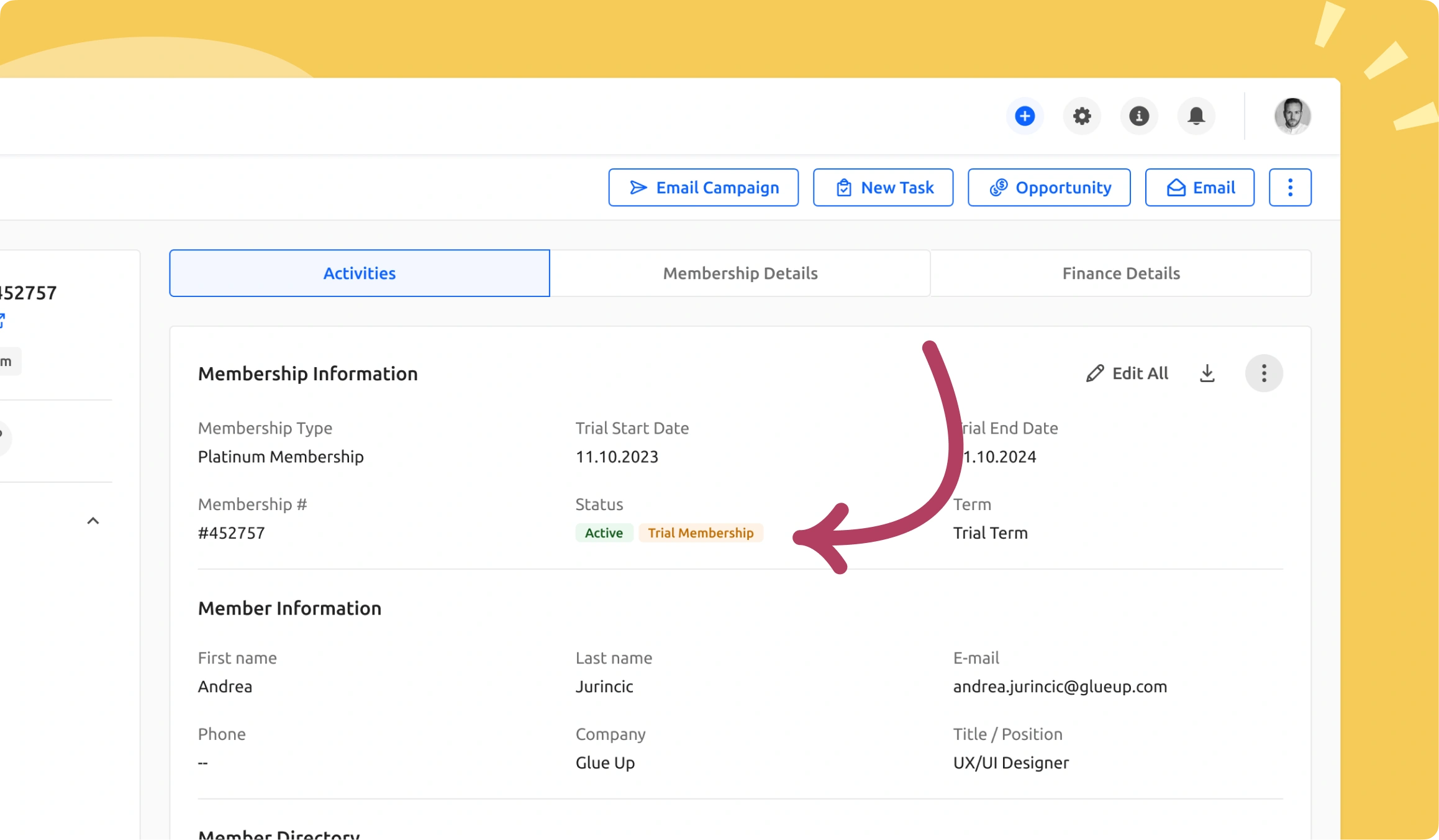 Dashboard analytics: trial membership performance widgets 