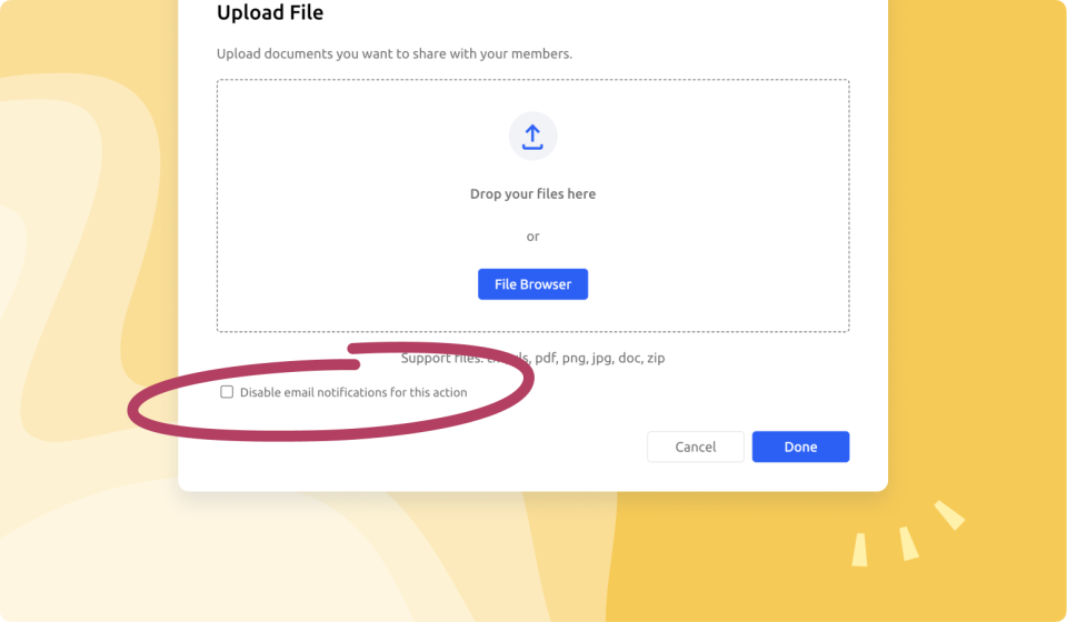 Disable email notification when uploading a file in community