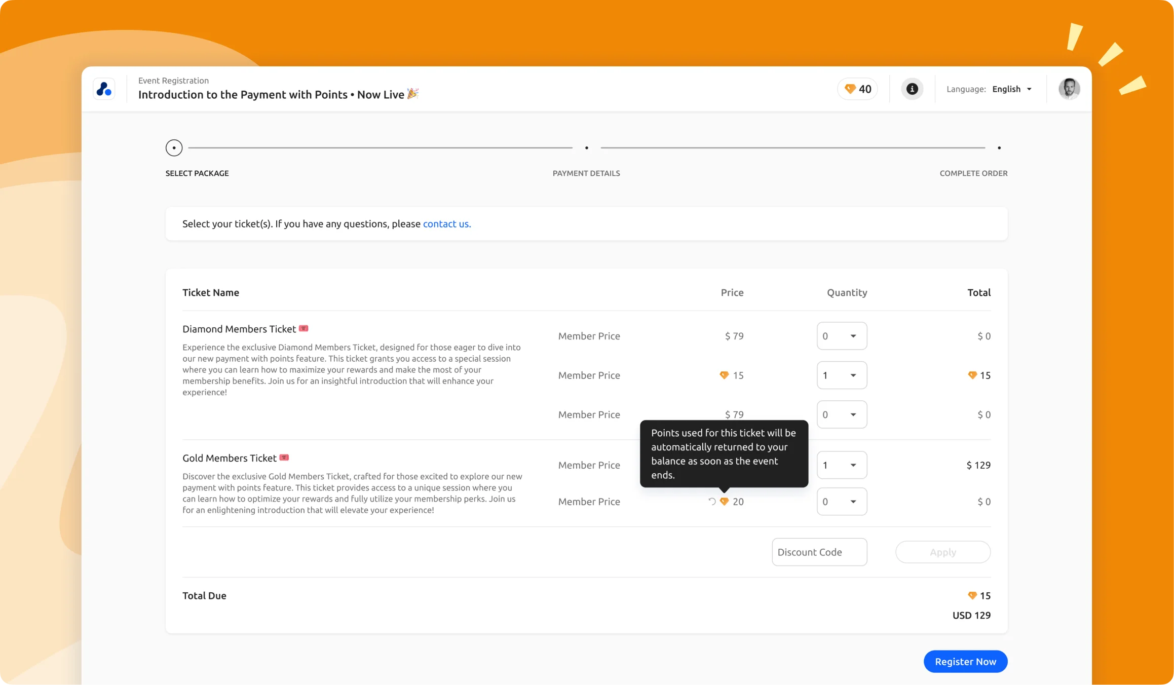 Select Tickets with Reward Options